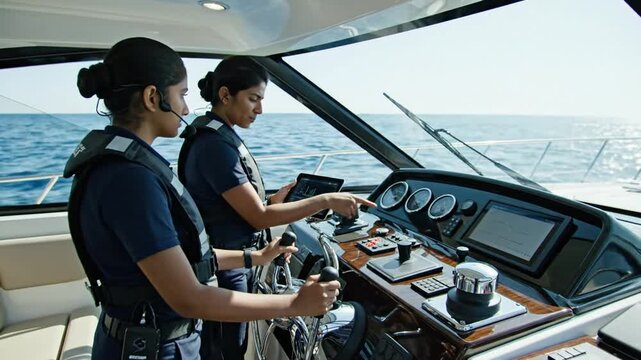 Two women in life jackets steer a luxury boat at sea, focused amid navigational instruments, alert.