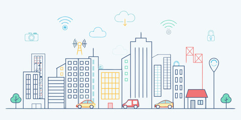 Obraz premium A stylized cityscape illustration showcasing connected devices and smart technology