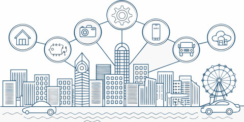 Fototapeta premium Smart city concept illustration with interconnected icons and a skyline