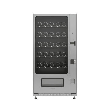 Sleek modern silver vending machine against a stark black background showcasing empty compartments