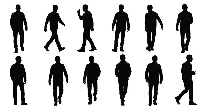 Collection of black silhouettes depicting various human poses and figures