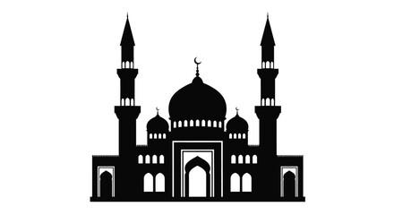 Black silhouette of a mosque with minarets and a crescent moon © MdEmran
