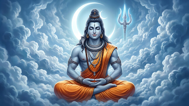 Spiritual image of lord shiva sitting in deep meditation above the clouds with a golden trishul for the sacred event of divine maha shivratri mahadev