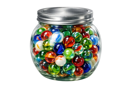 Glass jar filled with colorful marbles bringing childhood nostalgia