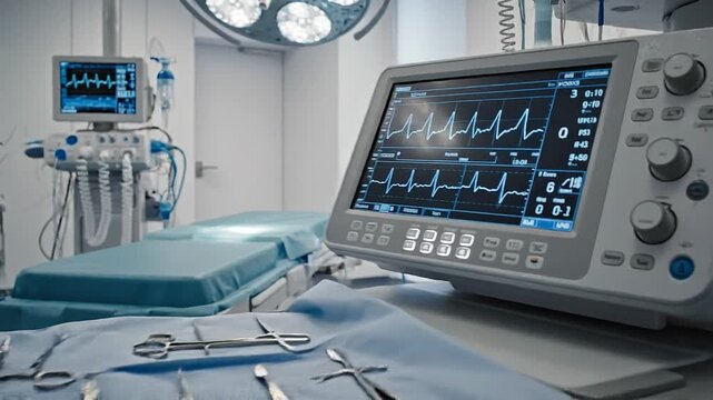Close-up of medical equipment with vital sign monitor and surgical tools on a hospital bed in a clinical setting with sterile blue tones.