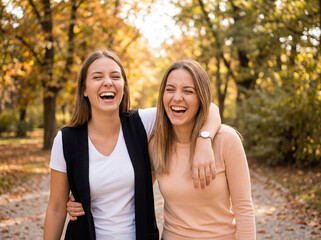 Naklejka premium Two young, beautiful sisters laughing in an autumn park during a walk.