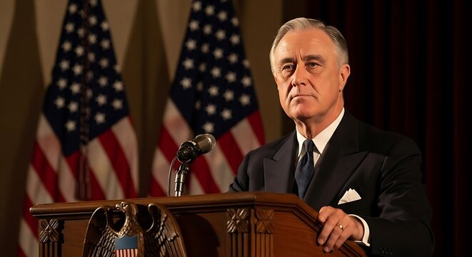 FDR standing at a podium with American flags, ultra-realistic lighting