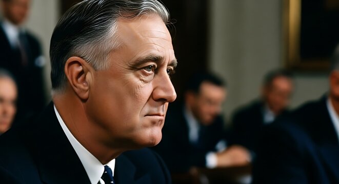 Franklin D. Roosevelt paying close attention to advisors in this incredibly realistic scene