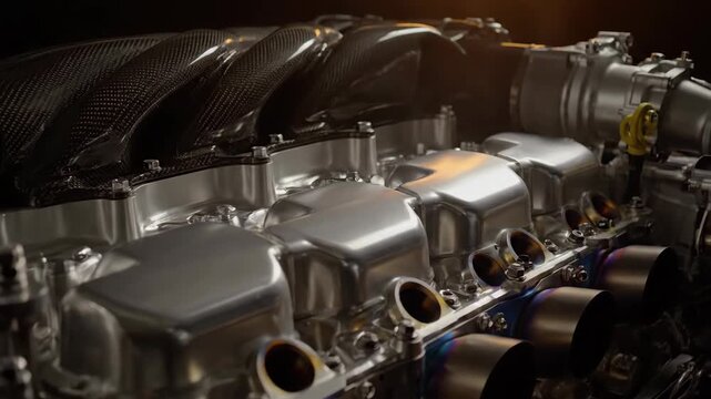Close-up tracking shot of a V12 engine's polished cylinder banks with subtle vibrations