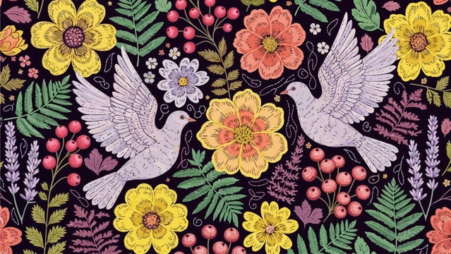 Two white doves flying amidst vibrant flowers and lush greenery in a serene floral landscape