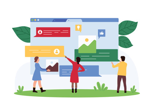 Responsive social media UI, chat messenger design development. Tiny people hold speech bubbles of SMS and pictures to put in dialog box and develop interface of mobile app cartoon vector illustration