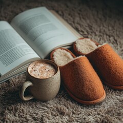 Cozy wellness routine flatlay with slippers and a mug home setting aesthetic lifestyle photography