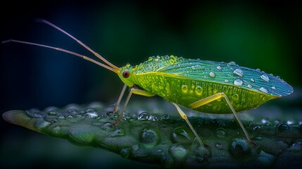 Close-Up View of a Green Insect with Dew Drops on Leaf, Vibrant Details, Nature's Beauty, Macro Photography of a Unique Bug in Habitat Setting