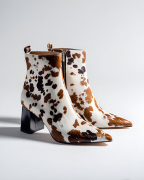 Botki w cętkowany wz&oacute;r sk&oacute;ry krowiej na grubym obcasie na jasnym tle.