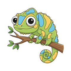 Cute Cartoon Chameleon Sitting on a Tree Branch