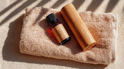 Relaxing self-massage routine flatlay cozy home environment wellness focused natural elements top-down view