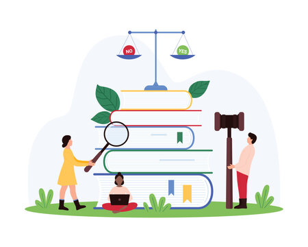 Analysis for compliance with rules and laws, corporate policy. Tiny people reading new order, regulatory document or instruction in guideline with magnifying glass cartoon vector illustration