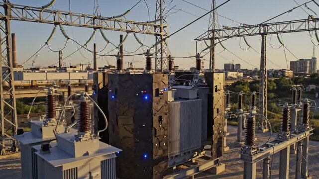 Sunlit power substation with transformers, insulators, and high-tension lines above rooftops nearby!