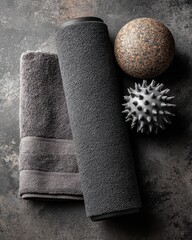 Post-workout recovery essentials flatlay home gym wellness routine indoor top-down view fitness concept