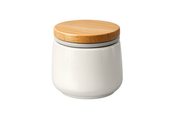 White ceramic storage jar with a wooden lid