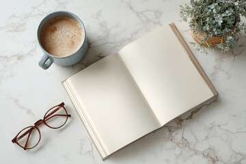 Morning wellness routine flatlay home topdown photo of coffee book and glasses calm environment inviting concept