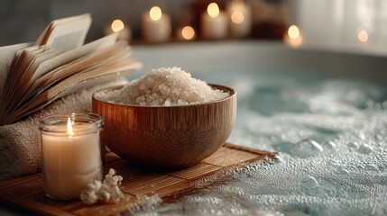 Relaxing bath routine flatlay with bath salts and candles home spa environment topdown view for wellness mindfulness