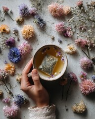 Relaxing wellness routine herbal tea preparation flatlay minimalist topdown view calm and serene home environment