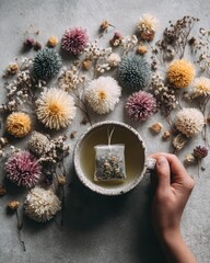 Hand preparing herbal tea cup surrounded by dried flowers top-down minimalist flatlay wellness routine calm environment