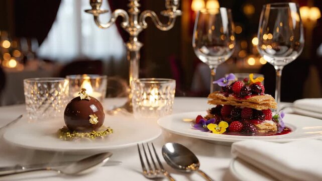 Elegant candlelit table with crystalware, two plated desserts, and a warm dining ambience, romantic
