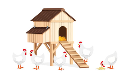 A wooden chicken coop with hens gathered around it in a farmyard setting viewed from the side © Steven