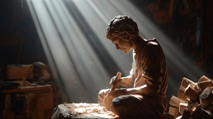 Fototapeta premium Artisan shaping a wooden figurine with intricate details illuminated by sunlight through window