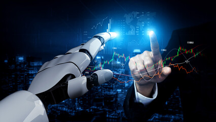 A futuristic scene showcasing a human hand and robotic hand reaching towards each other, amidst...