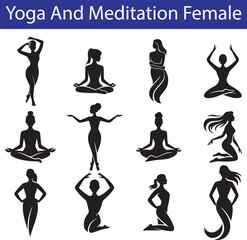 Fototapeta premium Yoga And Meditation Female Silhouette Poses Set For Wellness And Mindfulness Design