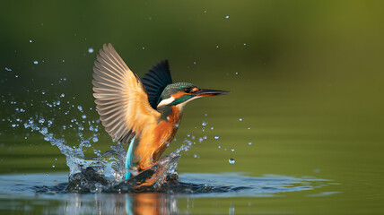 Action photography of a common kingfisher bird diving into water with many splashes and droplets against a soft green blurred background in the wild