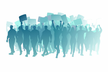 Naklejka premium A crowd of silhouetted people protesting with raised signs and arms