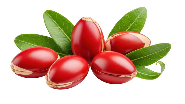 Argan fruit with vibrant red shells and green leaves on transparent background