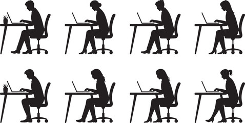 Vector illustration of a couple sitting at a restaurant table having dinner while a business person works on a computer in a cafe silhouette drawing.