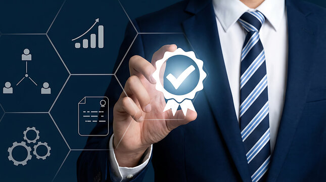 Professional businessman holding a digital quality assurance seal with business growth and networking icons for standard excellence and corporate trust building strategy