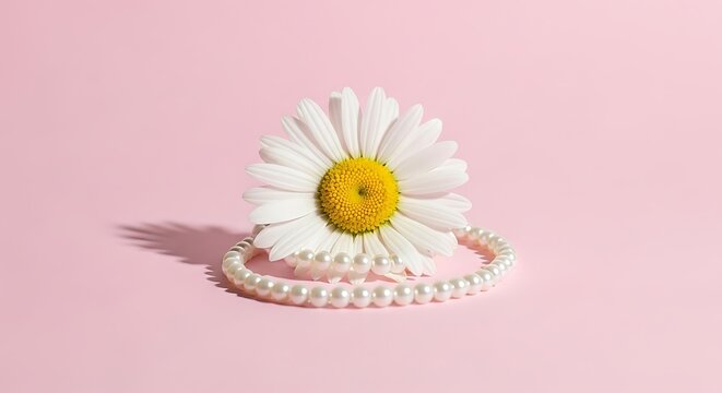 Delicate daisy flower with pearls on pink background