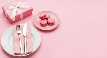 Mother's day celebration table setting with gift and macarons