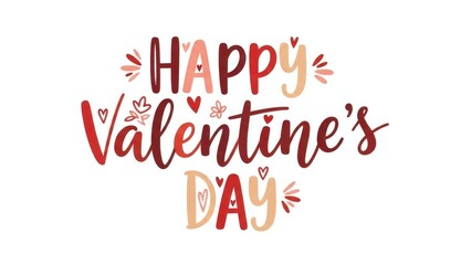 Happy valentine's day colorful whimsical lettering with hearts and floral elements on clear white background