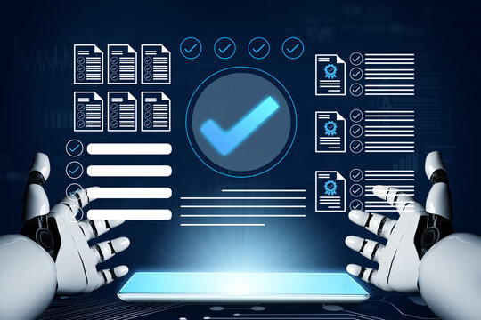 A futuristic robot interface showcases digital data analysis with checkmarks and documents, symbolizing success and efficiency in a technology-driven environment. Gantry - Powered by Adobe