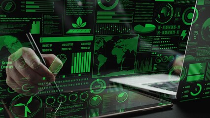 Experience a modern digital interface showcasing green energy concepts. The vibrant graphics display vital data aimed at promoting sustainable practices and innovative solutions. Cipher