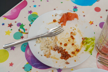 Plate with some food remnants after a meal at a colorful table during a casual dining experience with friends