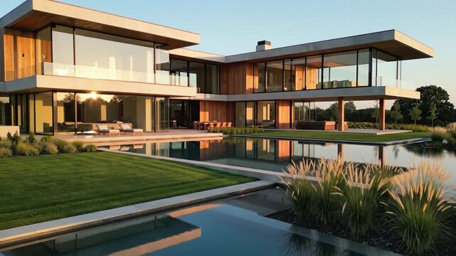 Sunlit modern villa with glass walls and a reflective pool beside tropical landscaping at dusk glow!