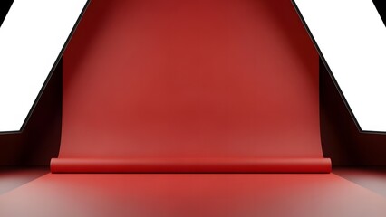 Obraz premium Red paper studio backdrop with softbox lights for Chinese New Year product display, photography setup, and copy space. 