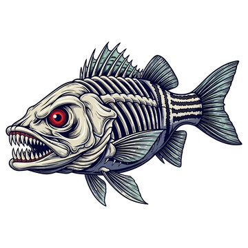 skeleton striped bass fish with sharp teeth and red eyes in aggressive cartoon mascot style