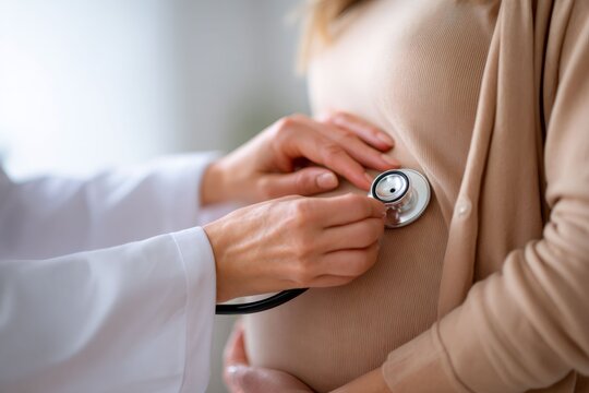 Close-up of a doctor examining a pregnant woman's belly with a stethoscope. Prenatal medical check-up at the clinic. Maternity and healthcare concept