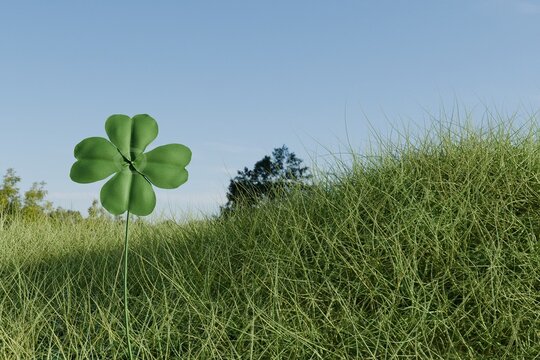 3d render of four leag clover on grassy hill