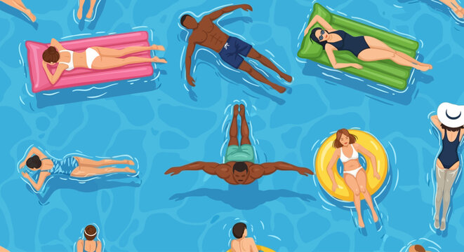 Overhead view of people swimming, floating, and relaxing on colorful inflatables in a vibrant blue pool